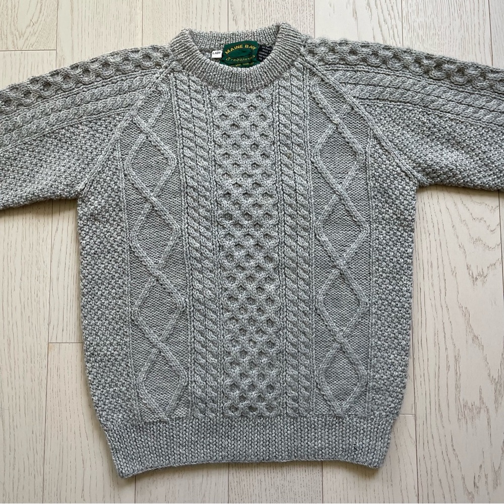 Vintage Maine Bay Thick Cable Knit 100% Wool Hand Knitted Fisherman Sweater - Picture 14 of 16